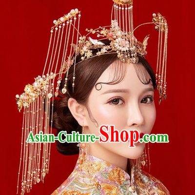 Chinese Traditional Palace Bride Hairpins Ancient Wedding Tassel Phoenix Coronet Hair Accessories for Women