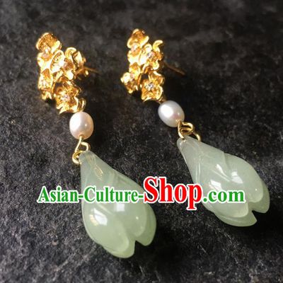 Top Grade Chinese Handmade Green Mangnolia Earrings Traditional Bride Ear Accessories for Women