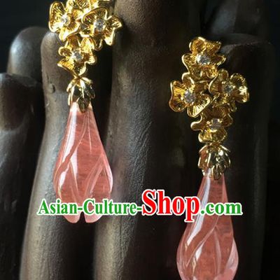 Top Grade Chinese Handmade Pink Mangnolia Earrings Traditional Bride Ear Accessories for Women