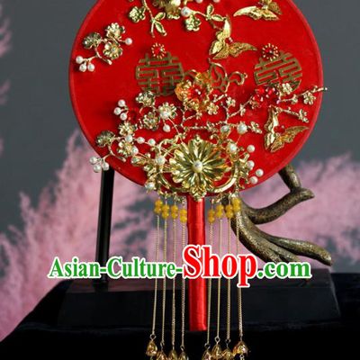 Chinese Handmade Bride Classical Red Palace Fans Wedding Accessories Round Fan for Women