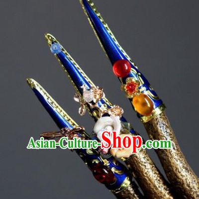 Chinese Handmade Blue Nail Wrap Traditional Ancient Palace Lady Fingerstalls for Women