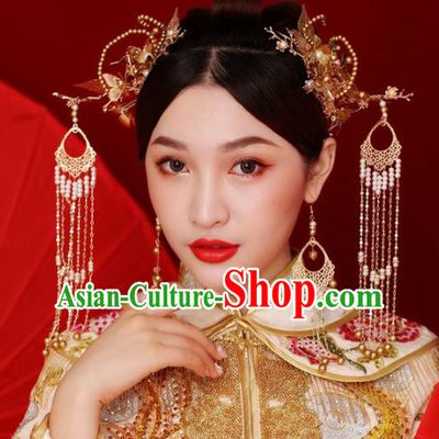 Chinese Ancient Queen Golden Tassel Hair Clasp Hairpins Traditional Palace Hair Accessories Headdress for Women