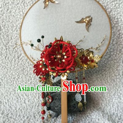 Chinese Handmade Bride Classical Red Velvet Flower Palace Fans Wedding Accessories Round Fan for Women