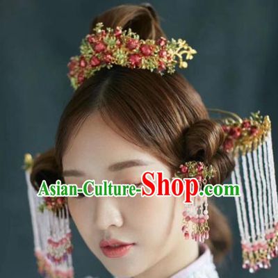 Chinese Ancient Bride Pomegranate Phoenix Coronet Hairpins Traditional Hair Accessories Headdress for Women