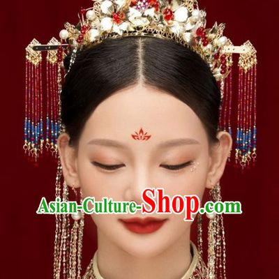 Chinese Ancient Bride Hairpins Red Crystal Tassel Phoenix Coronet Traditional Hair Accessories Headdress for Women