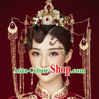 Chinese Ancient Bride Hairpins Tassel Phoenix Coronet Traditional Hair Accessories Headdress for Women