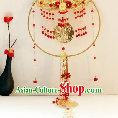 Chinese Handmade Classical Red Tassel Palace Fans Wedding Bride Accessories Round Fan for Women