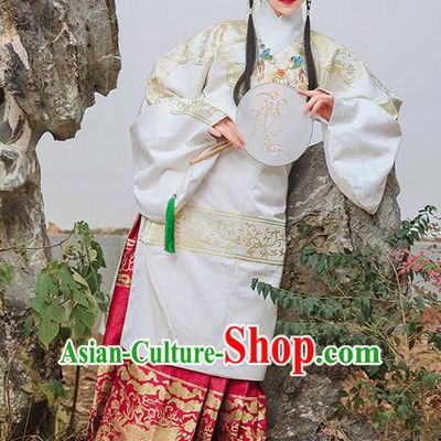 Chinese Traditional Ming Dynasty Palace Historical Costume Ancient Princess White Blouse and Red Horse Face Skirt Complete Set