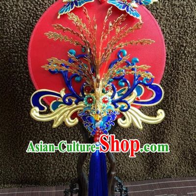 Chinese Handmade Bride Classical Cloisonne Red Palace Fans Wedding Accessories Round Fan for Women