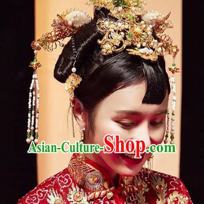 Top Grade Chinese Ancient Bride Hairpins Jade Phoenix Coronet Traditional Hair Accessories Headdress for Women
