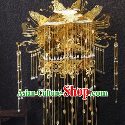 Top Grade Chinese Ancient Bride Hairpins Golden Tassel Phoenix Coronet Traditional Hair Accessories Headdress for Women