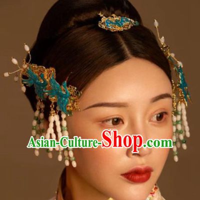 Top Grade Chinese Ancient Bride Blueing Cranes Tassel Hairpins Traditional Hair Accessories Headdress for Women
