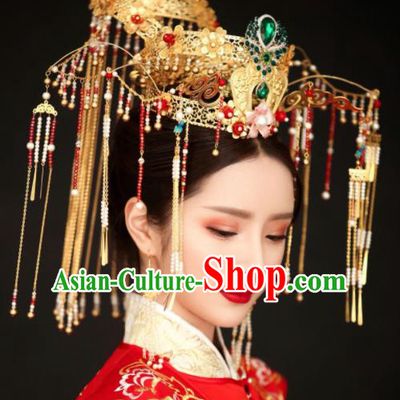 Top Grade Chinese Ancient Bride Tassel Phoenix Coronet Hairpins Traditional Hair Accessories Headdress for Women