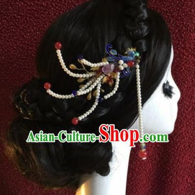 Top Grade Chinese Ancient Bride Wedding Cloisonne Phoenix Hairpins Tassel Step Shake Traditional Hair Accessories Headdress for Women
