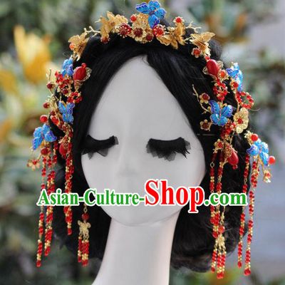 Top Grade Chinese Ancient Bride Wedding Blueing Butterfly Hair Comb Hairpins Traditional Hair Accessories Headdress for Women