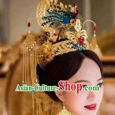 Top Grade Chinese Ancient Bride Wedding Blueing Phoenix Coronet Hairpins Traditional Hair Accessories Headdress for Women