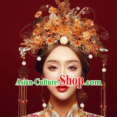 Top Grade Chinese Ancient Bride Wedding Golden Butterfly Phoenix Coronet Traditional Hair Accessories Headdress for Women