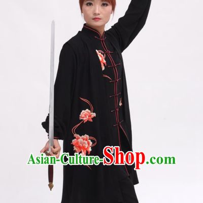 Chinese Traditional Tai Chi Printing Peony Black Costume Martial Arts Tai Ji Competition Clothing for Women