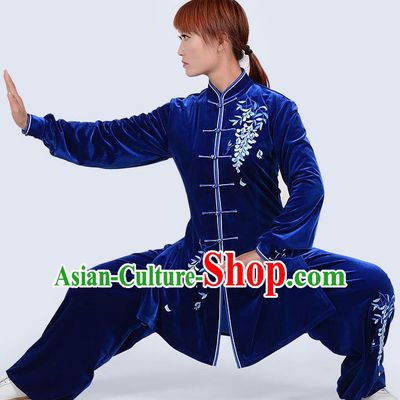 Chinese Traditional Kung Fu Embroidered Royalblue Pleuche Costume Martial Arts Tai Ji Competition Clothing for Women