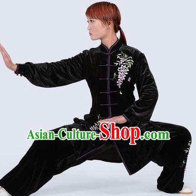 Chinese Traditional Kung Fu Embroidered Black Pleuche Costume Martial Arts Tai Ji Competition Clothing for Women