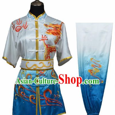 Chinese Traditional Kung Fu Embroidered Dragon Blue Costume Martial Arts Tai Ji Competition Clothing for Men