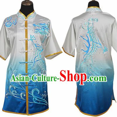 Chinese Traditional Kung Fu Embroidered Dragon Gradient Blue Costume Martial Arts Tai Ji Competition Clothing for Men
