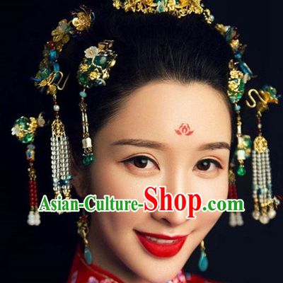 Handmade Chinese Ancient Bride Green Glass Hair Combs Traditional Hair Accessories Headdress for Women