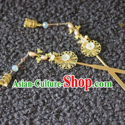 Handmade Chinese Ancient Pearls Golden Hairpins Traditional Hair Accessories Headdress for Women