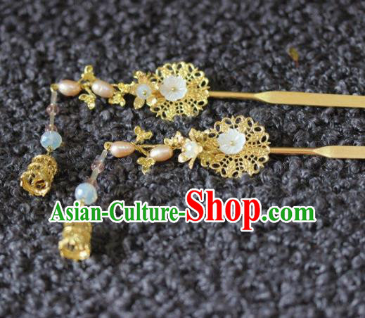 Handmade Chinese Ancient Pearls Golden Hairpins Traditional Hair Accessories Headdress for Women