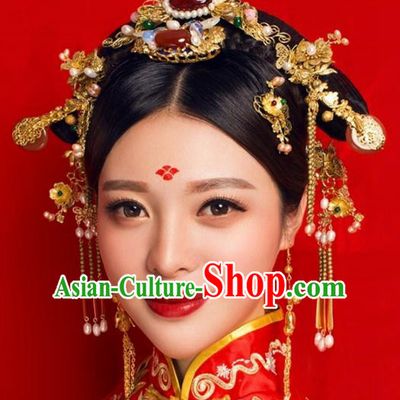 Handmade Chinese Ancient Princess Hairpins Agate Phoenix Coronet Traditional Hair Accessories Headdress for Women