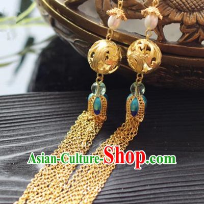 Chinese Handmade Hanfu Golden Tassel Earrings Traditional Ancient Palace Ear Accessories for Women