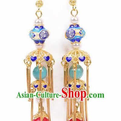 Chinese Handmade Hanfu Blueing Earrings Traditional Ancient Palace Ear Accessories for Women