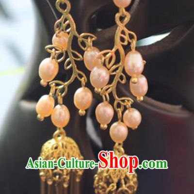Chinese Handmade Hanfu Pearls Earrings Traditional Ancient Palace Ear Accessories for Women