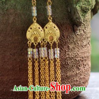 Chinese Handmade Hanfu Golden Long Tassel Earrings Traditional Ancient Palace Ear Accessories for Women