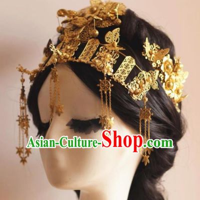 Handmade Chinese Ancient Bride Golden Phoenix Coronet Hairpins Traditional Hair Accessories Headdress for Women