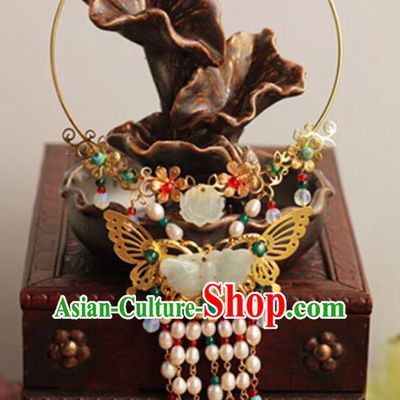 Top Grade Chinese Handmade Hanfu Jade Butterfly Necklace Traditional Bride Jewelry Accessories for Women