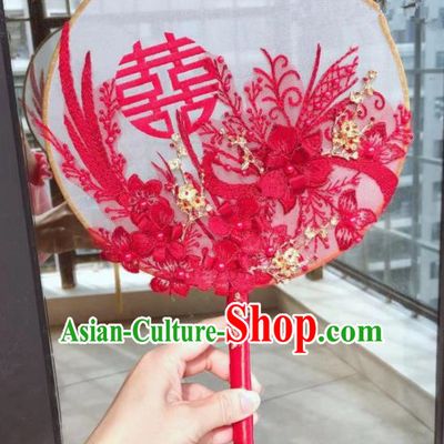Chinese Handmade Bride Red Lace Palace Fans Wedding Accessories Classical Round Fan for Women