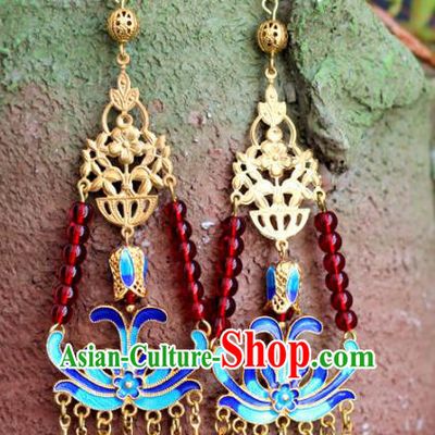 Chinese Handmade Hanfu Blueing Tassel Earrings Traditional Ancient Palace Ear Accessories for Women