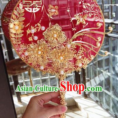 Chinese Handmade Bride Red Silk Palace Fans Wedding Accessories Classical Round Fan for Women