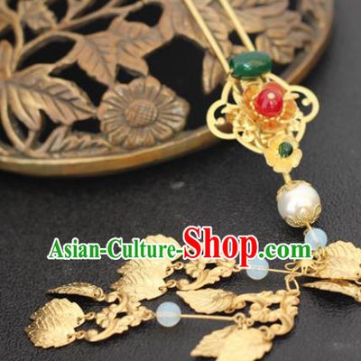 Handmade Chinese Ancient Princess Golden Leaf Tassel Hairpins Traditional Hair Accessories Headdress for Women