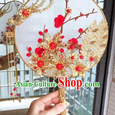 Chinese Handmade Bride Embroidered Palace Fans Wedding Accessories Classical Phoenix Round Fan for Women