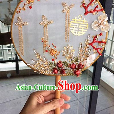 Chinese Handmade Bride Red Pomegranate Palace Fans Wedding Accessories Classical Round Fan for Women