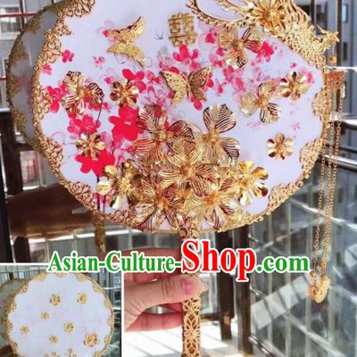 Chinese Handmade Bride Golden Flowers Palace Fans Wedding Accessories Classical Round Fan for Women