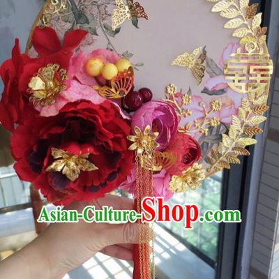 Chinese Handmade Bride Red Peony Palace Fans Wedding Accessories Classical Round Fan for Women