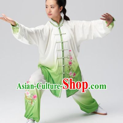 Chinese Traditional Kung Fu Tai Chi Group Embroidered Green Silk Costume Martial Arts Competition Clothing for Women
