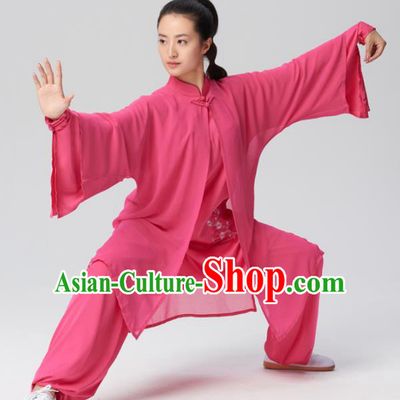 Chinese Traditional Kung Fu Tai Chi Group Embroidered Rosy Silk Costume Martial Arts Competition Clothing for Women