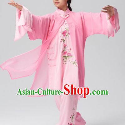 Chinese Traditional Tai Chi Group Embroidered Pink Silk Costume Martial Arts Kung Fu Competition Clothing for Women