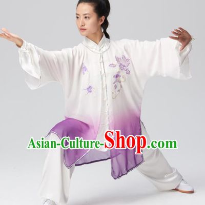 Chinese Traditional Tai Chi Group Embroidered Purple Silk Costume Martial Arts Kung Fu Competition Clothing for Women