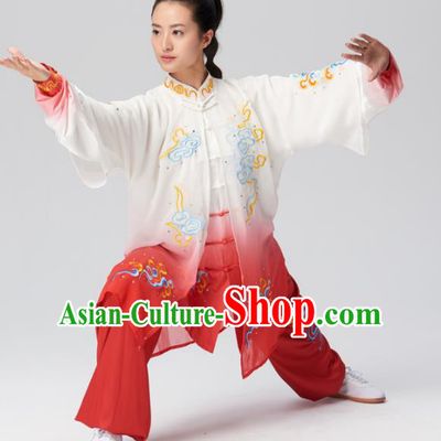 Chinese Traditional Tai Chi Group Embroidered Clouds Red Silk Costume Martial Arts Kung Fu Competition Clothing for Women