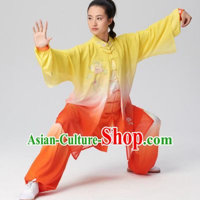 Chinese Traditional Tai Chi Group Embroidered Orange Silk Costume Martial Arts Kung Fu Competition Clothing for Women